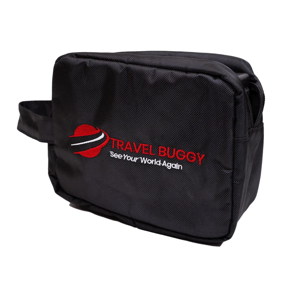 Closed black Travel Buggy AEROLUX padded protective bag featuring the red logo.